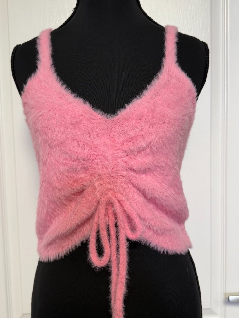 Wild Fable Pink Fuzzy Ruched Tie Front Crop Tank Soft Girl Y2K Cozy Top M